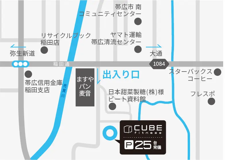 CUBE fitness(キューブフィットネス)への詳細マップ画像(P25台完備)